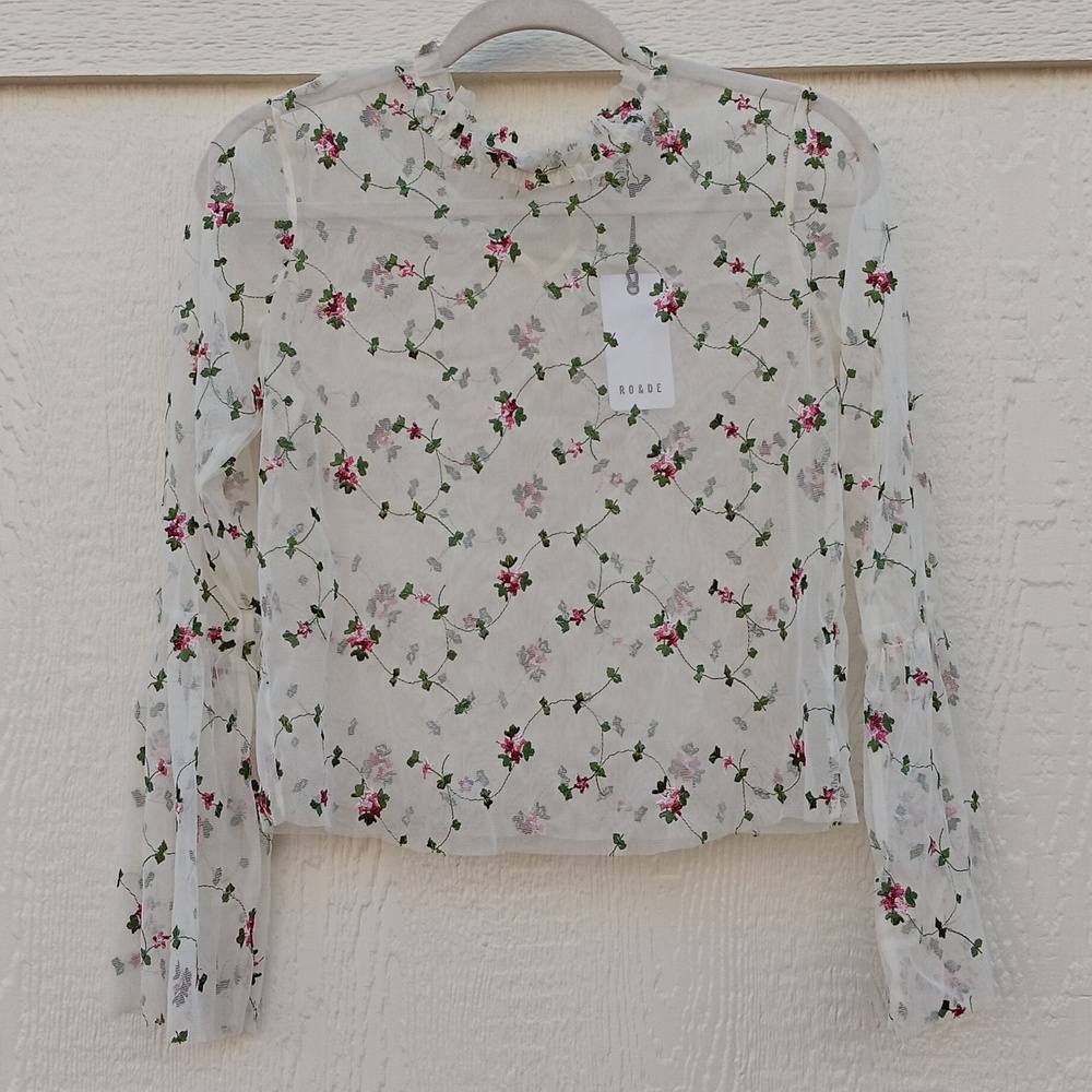 New RO & DE sheer mesh top floral embroidered blouse women's sz small